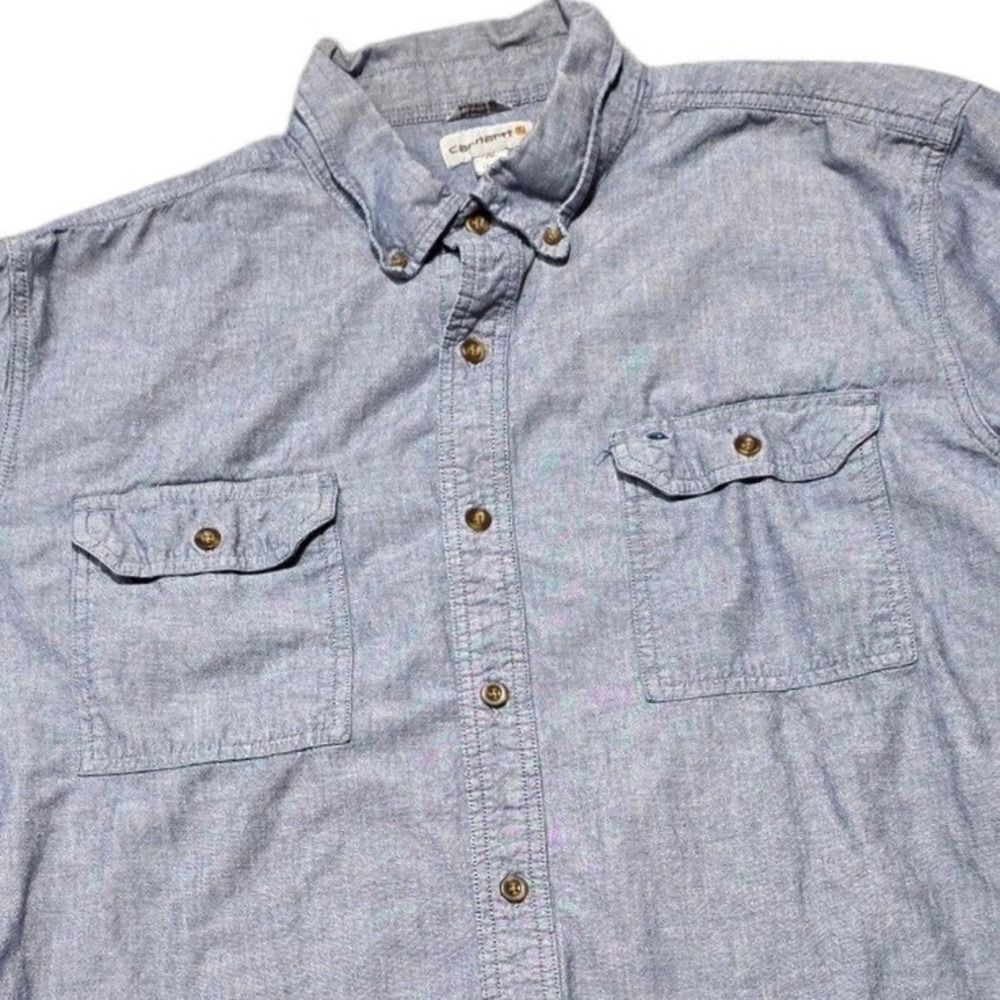 Carhartt Button Up Shirt Mens 2XL Blue Short Sleeve Chambray Relaxed Fit Work